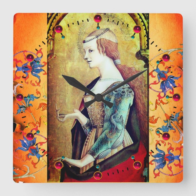 Relógio Quadrado RUA MARY MAGDALENE Orange Blue Floral Swirings (Frente)