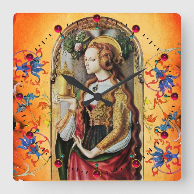 Relógio Quadrado RUA MARY MAGDALENE Orange Blue Floral Swirings (Frente)