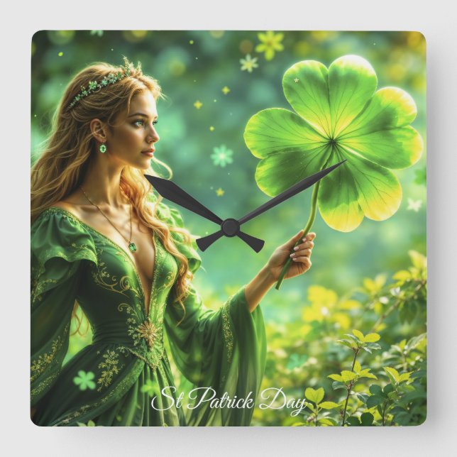 Relógio Quadrado Rua Patrick Day mágica de trevo da princesa místic (Frente)