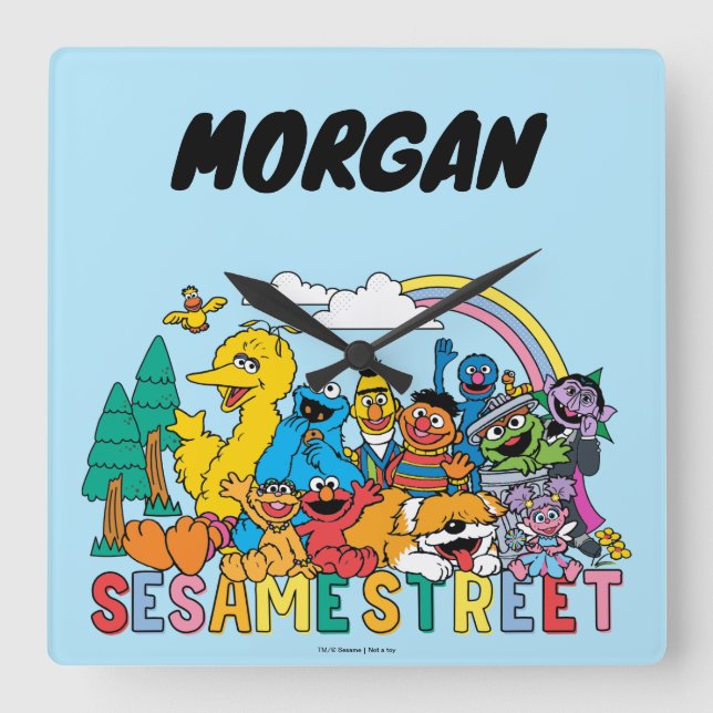 Relógio Quadrado Rua Sésamo | Onda arco-íris | Adicione seu nome (Frente)