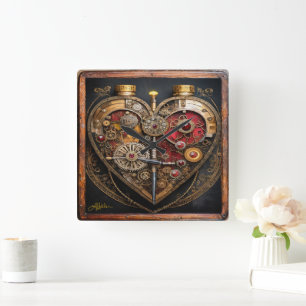 Relógio Quadrado Rubis e Engrenagens Steampunk Coração Sombrio
