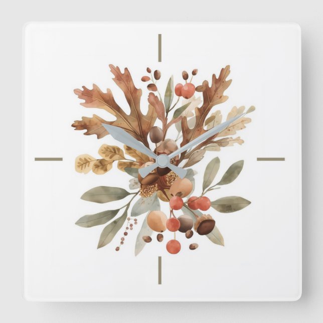 Relógio Quadrado Rustic Autumn Harvest Botanical Wall Clock (Frente)