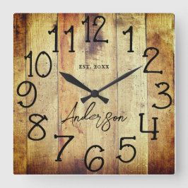 Relógio Quadrado Rustic Barn Wood Farmhouse Nome Personalizado Da F
