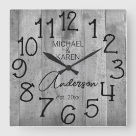 Relógio Quadrado Rustic Barn Wood Farmhouse Nome Personalizado Da F