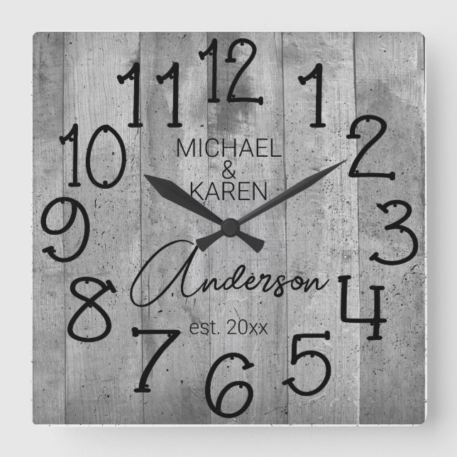 Relógio Quadrado Rustic Barn Wood Farmhouse Nome Personalizado Da F (Frente)