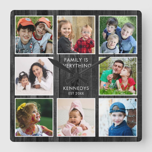 Relógio Quadrado Rustic Black Wood 8 Photo Collage Family Quote  (Frente)