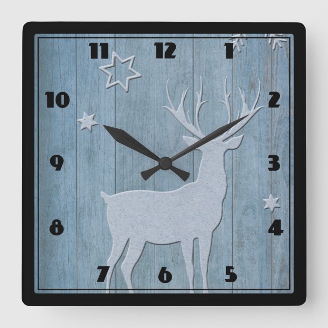 Relógio Quadrado Rustic Blue Wood Reindet — Natal (Frente)
