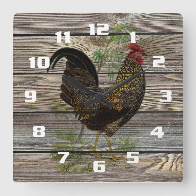 Relógio Quadrado Rustic Country Rooster (Frente)