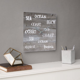Relógio Quadrado Rustic driftwood ocean Beach script manuscrito