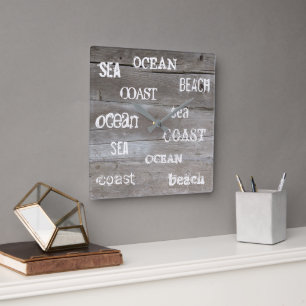 Relógio Quadrado Rustic driftwood ocean Beach script manuscrito