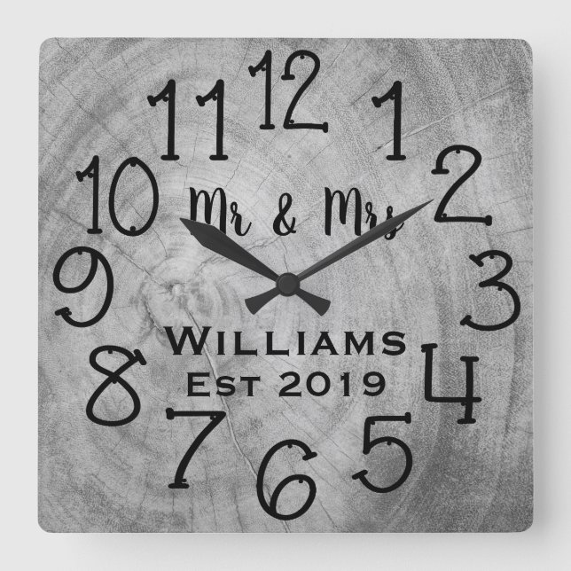 Relógio Quadrado Rustic Personated Wood Personalizado (Frente)