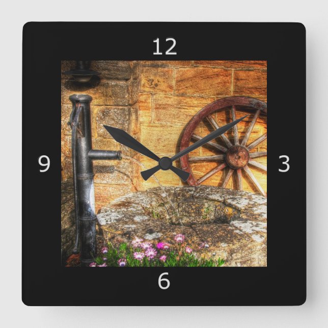 Relógio Quadrado Rustic Pump, bem e cena de roda de rodas (Frente)