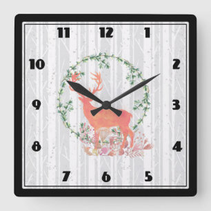 Relógio Quadrado Rustic Reindeer Boho Watercolor