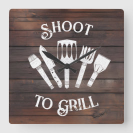 Relógio Quadrado Rustic "Shoot To Grill" - Presente De CHURRASCO En