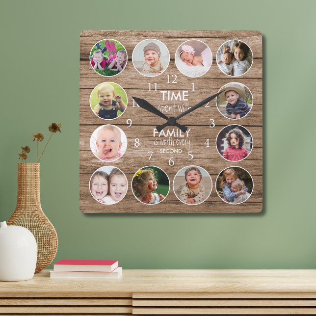 Relógio Quadrado Rustic Wood 12 Photo Round Template Family Quote   (Criador carregado)