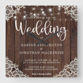 Relógio Quadrado Rustic Wood String Luzes Lace Casamento