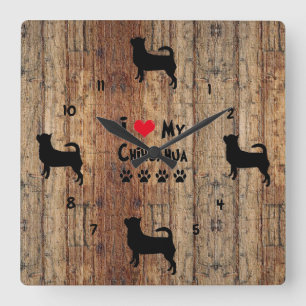 Relógio Quadrado Rustic Wooden Faux Chihuahua Wall Clock
