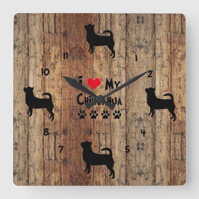 Relógio Quadrado Rustic Wooden Faux Chihuahua Wall Clock (Frente)