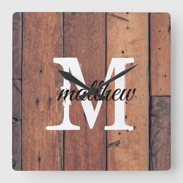 Relógio Quadrado Rustic Woodsen Country Farmhouse Monograma (Frente)