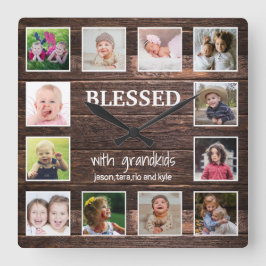 Relógio Quadrado Rústica Madeira 12 Foto Abençoada Com Netos