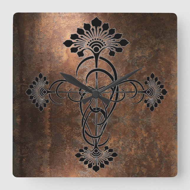 Relógio Quadrado Rusty Metal com Design de Art Nouveau (Frente)