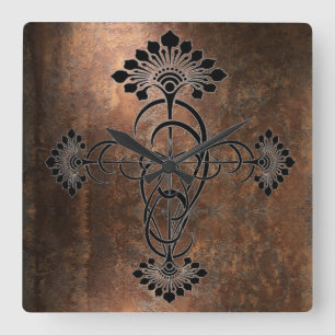 Relógio Quadrado Rusty Metal com Design de Art Nouveau em um