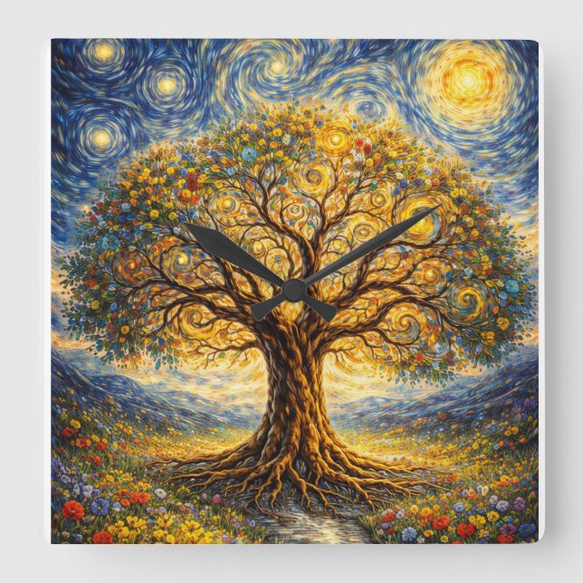 Relógio Quadrado Sacred geometry art  tree (Frente)