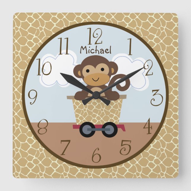 Relógio Quadrado Safari Macaco Comboio de Animais do Clock Infantil (Frente)