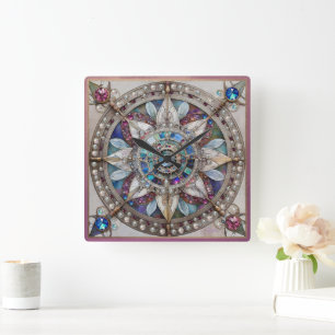 Relógio Quadrado Safiras Rosa e Azul Diamantes Pérolas Mandala