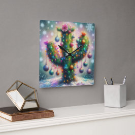 Relógio Quadrado Saguaro Cactus Whimsical Snowflakes de Natal