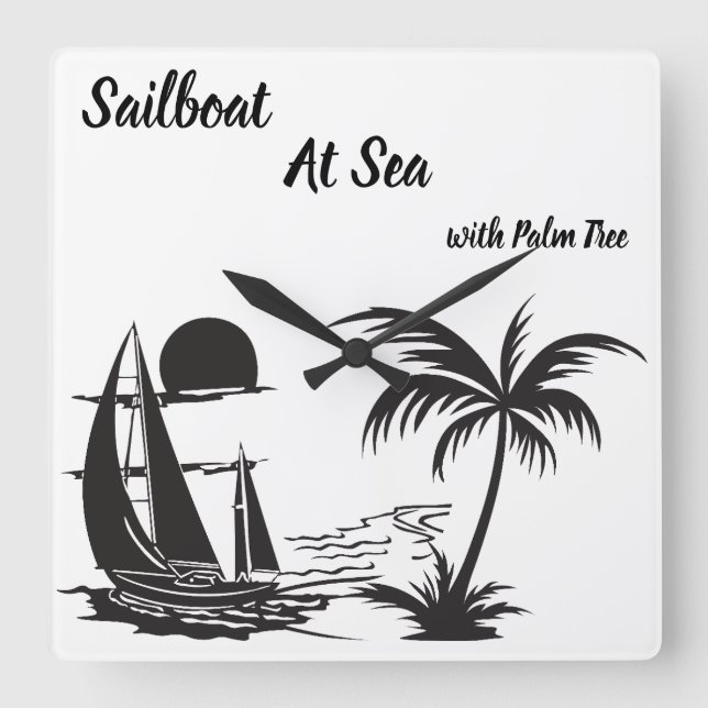 Relógio Quadrado Sailboat at Sea with Palm Tree – Tropical Beach (Frente)