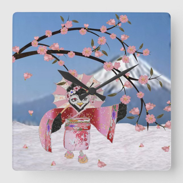 Relógio Quadrado Sakura Geisha Bird no Snow Cherry Blossoms (Frente)
