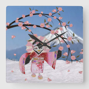 Relógio Quadrado Sakura Geisha Pássaro na Neve Flores de Cerejeira