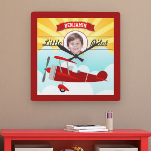 Relógio Quadrado Sala de Fotos do Pequeno Piloto do Avião Vermelho