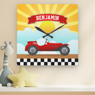 Relógio Quadrado Sala Vintage Red Race Car Personalizado Kids