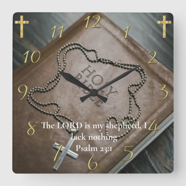 Relógio Quadrado Salmo 23:1 Bíblia sagrada com cruz prateada (Frente)