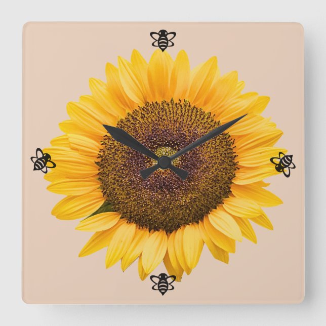 Relógio Quadrado Salva de Sunflower Bee Peachy Wall Clock (Frente)