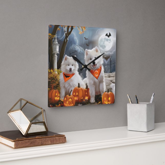 Relógio Quadrado Samoyed Halloween Spooky (Escritório)