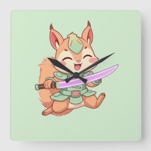 Relógio Quadrado Samurai Esquilo Kawaii.