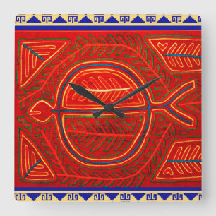 Relógio Quadrado San Blas Kuna Indian Mola Fish Design Wall