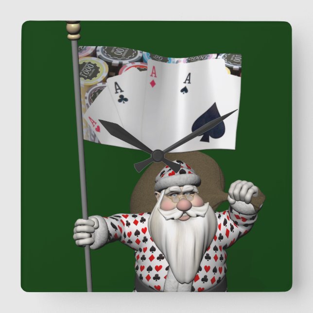 Relógio Quadrado Santa Claus ama Jogando Poker (Frente)