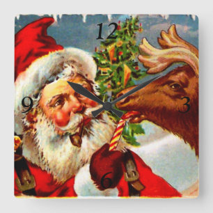 Relógio Quadrado Santa with Reindeer