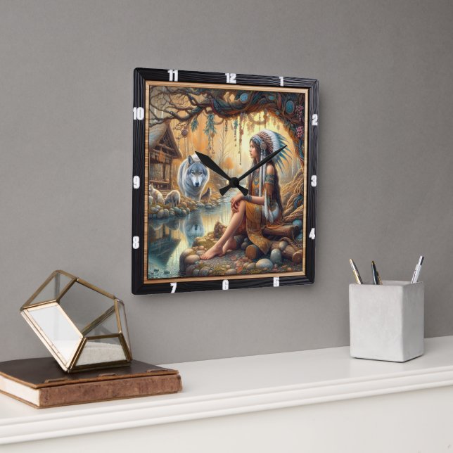 Relógio Quadrado Santuário Indígena Nativo: Espírito da Madeira Sel (Escritório)