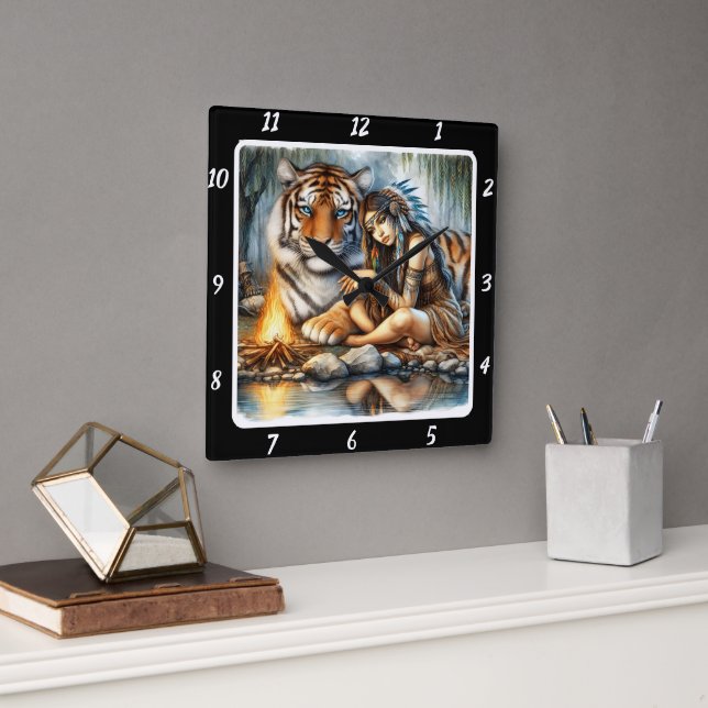 Relógio Quadrado Santuário Nativo: Gaze do Tigre de Fluxo do Rio (Escritório)