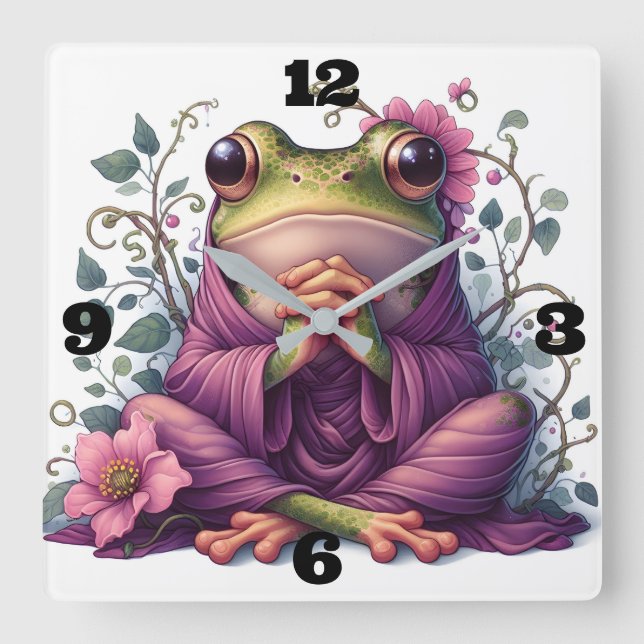 Relógio Quadrado Sapo Fofo com Flores (Frente)