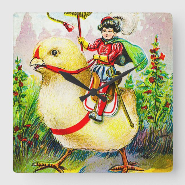 Relógio Quadrado Saudações à Páscoa Whimsical: Cavaleiro sobre o Pi (Frente)