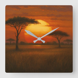 Relógio Quadrado Savana Africana - Estilo de Ilustração Cênica