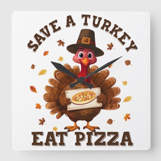 Relógio Quadrado Save a Turkey Eat Pizza – Funny Thanksgiving Pizza (Frente)