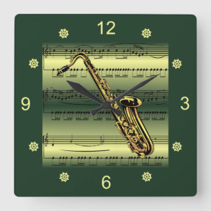 Relógio Quadrado Saxofone~Música em Folha Rolada~Contexto Dourado/
