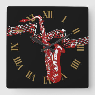 Relógio Quadrado Saxofone Vermelho Elegante e Legal